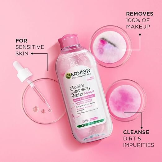 garnier micellar cleansing water for sensitive skin | make up remover & cleanser removes makeup, dirt & impurities & hydrates skin | just pour, press & swipe | 400ml