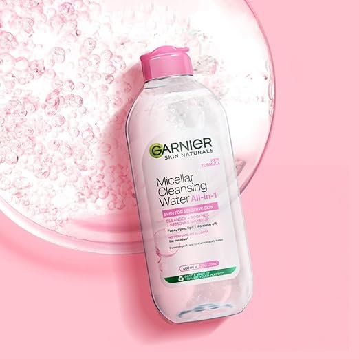 garnier micellar cleansing water for sensitive skin | make up remover & cleanser removes makeup, dirt & impurities & hydrates skin | just pour, press & swipe | 400ml