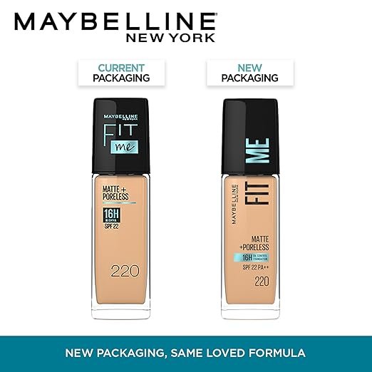 maybelline new york liquid foundation, matte finish, with spf, absorbs oil, fit me matte + poreless, 220 natural beige, 30ml