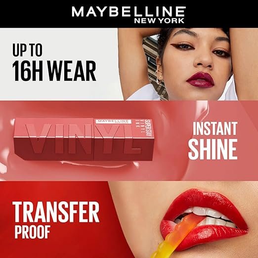 maybelline high glossy new york superstay vinyl ink liquid lipstick lippy instant shine & transfer proof. last up to 16hr, enriched with vitamin e & aloe | 4.2ml