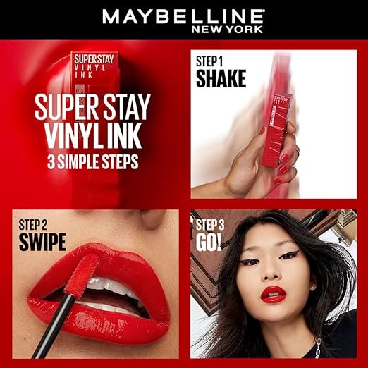 maybelline high glossy new york superstay vinyl ink liquid lipstick lippy instant shine & transfer proof. last up to 16hr, enriched with vitamin e & aloe | 4.2ml