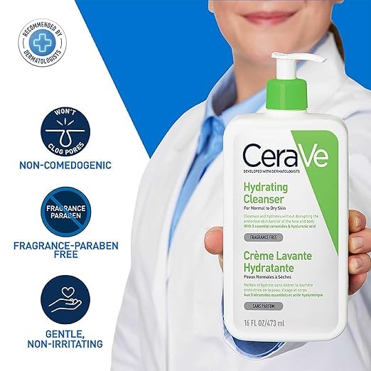 cerave hydrating cleanser for normal to dry skin (473ml) non foaming face wash with hyaluronic acid and ceramides | non comedogenic, non irritating and fragrance free cleanser