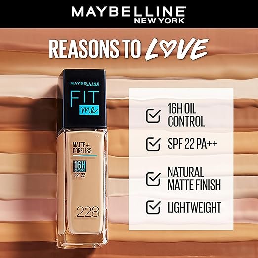 maybelline new york liquid foundation, matte finish, with spf, absorbs oil, fit me matte + poreless, 220 natural beige, 30ml